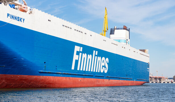 Gdansk, Poland - August 14, 2022: A picture of a large roll on-roll off cargo ship from Finnlines docked in the Gdansk Shipyard.