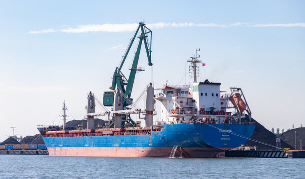 Gdansk, Poland - August 14, 2022: A picture of a cargo ship in the Gdansk Shipyard.