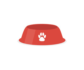 Food bowl for pets, Dog treats logo design. Dog or Cat dry food in red plastic bowl. Wet and dry pet food, Food for cats and dogs vector design and illustration.