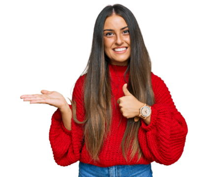 Beautiful hispanic woman wearing casual clothes showing palm hand and doing ok gesture with thumbs up, smiling happy and cheerful