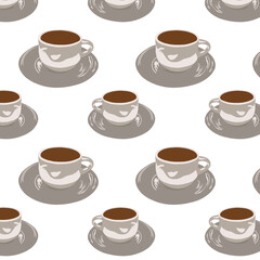 Cute cartoon cup coffee on white background pattern illustration.