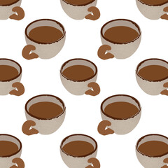 Cute cartoon cup coffee on white background pattern illustration.