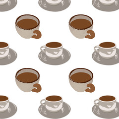 Cute cartoon cup coffee on white background pattern illustration.