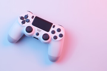 White video game controller, joystick for game console isolated on white background. Gamer control...