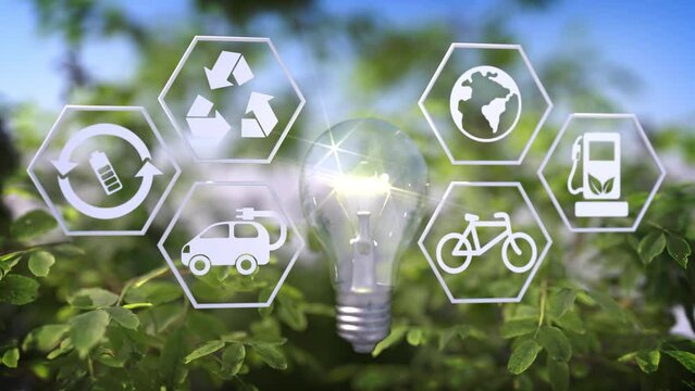 4k nature environment with animated light bulb with icons symboles climate protection