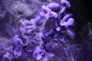 Purple lilac multicolored smoke abstract background, acrylic paint underwater explosion