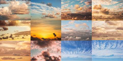 Set of sky background with clouds. Collage with clouds.
