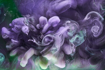 Green purple smoke abstract background, acrylic paint underwater explosion