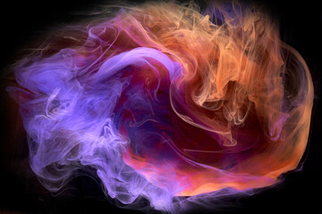 Blue orange multicolored smoke abstract background, acrylic paint underwater explosion