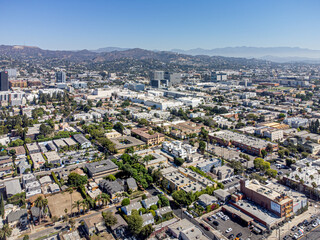 Hollywood, California, USA – August 30, 2022: Aerial Drone View around Sunset Blvd and Highland...