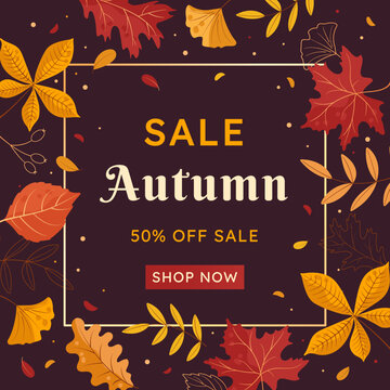 Colorful banner for the autumn sale in a frame of leaves. Autumn mood. Cartoon flat style. Vector illustration.