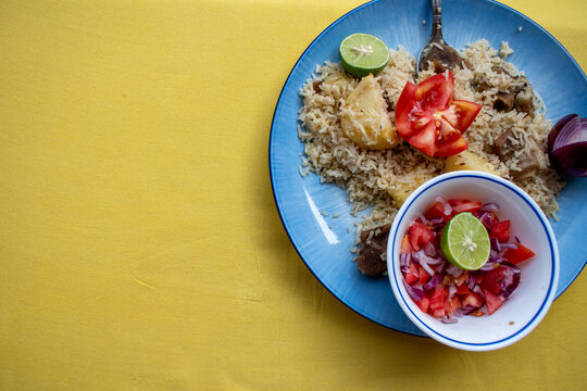 A plate of Kenyan pilau. Flat lay with copy space. 