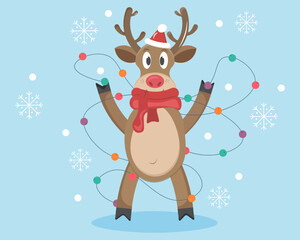 winter deer with colored garlands in a red scarf on a blue background and snowflakes