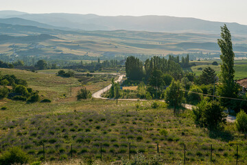 View of mountains and road from Yazilikaya. Corum, Turkey.