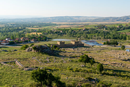 General view of Hattusa was the capital of the Hittite Empire in the late Bronze Age. Its ruins lie near modern Bogazkale. Corum, Turkey.