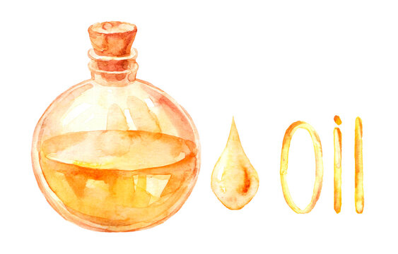 Oil Set. Watercolor Oil Bottle With Drop And Word Oil