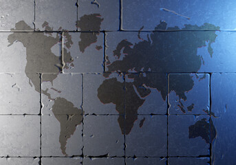 World map. Continents on brick wall. Globe wall. World map on old wall. Concept of globalization and international relations. World map on broken bricks. Continents silhouettes. 3d image.