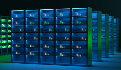 Server equipment. Data processing center. Identical cabinets with server equipment. Telecommunication equipment in neon light. Accumulation and processing digital data. Server room interior. 3d image