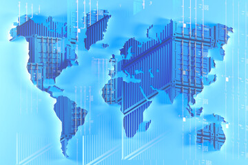 International transport business. Silhouettes of continents from sea containers. Concept of international transport imports. Cargo containers for export goods. Global transport companies. 3d image.