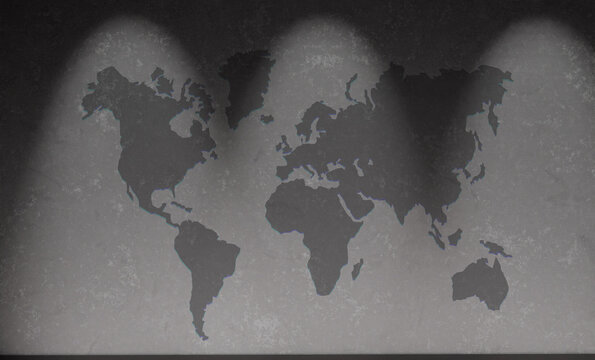 Continents of planet Earth. World map on old wall. Global business concept. Gray wall with silhouettes of continents. World map under spotlights. International business and trade. 3d rendering.