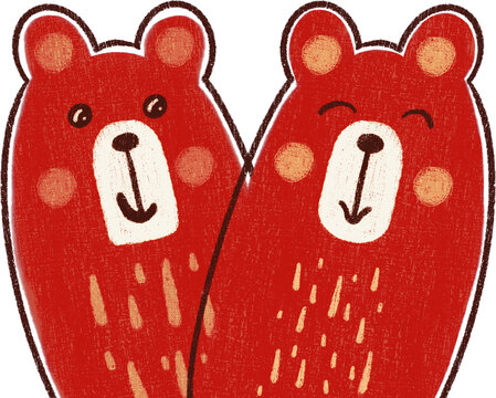 Christmas Red Bear Pair. Two cute smiling bears happy together. Hand drawn character illustration, texture with outline detail