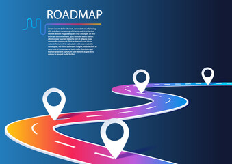 Roadmap infographic with milestones. Business concept for project management or business journey. Vector illustration of a winding road in dark mode design.