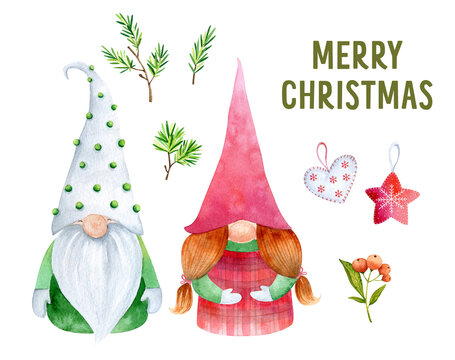 Watercolor Christmas gnomes clipart. Nordic style decor graphics. Winter dwarf illustration. Scandinavian gnomes character design