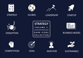 Business strategy vector icon set in flat design and dark mode