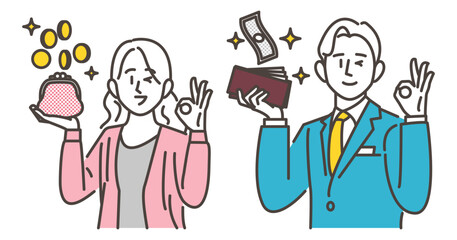 Vector illustration of a young couple happy to have money in their wallets.