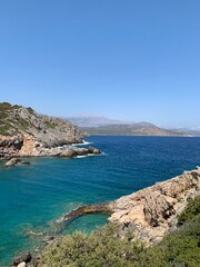Fototapeta na wymiar View of Mirabello bay, Crete, Greece. Turquoise waters of mediterranean sea with cliffs. High quality photo