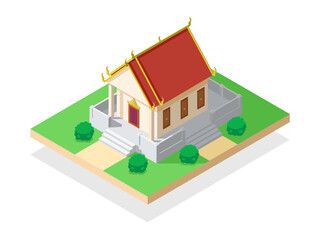 Thai temple isometric on white background. Place of worship of Asian Buddhists. Vector illustration flat design.