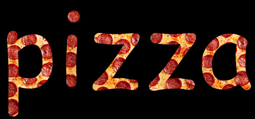 Word pizza with texture pattern of different pizzas for each letter.Concept for restaurants, posters, banners, advertisements and blogs. Isolated on a black background.