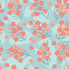 Seamless pattern with abstract branches with flowers. Botanical ornament with minimalistic elements in soft palette. Simple flat hand drawn vector repeating texture. Nature background for textile