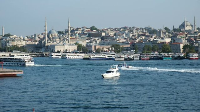 Turkish Police Boat is Going Fast at The Golden Horn and Eminonu Istanbul View