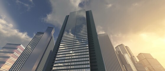 Skyscrapers, high-rise buildings from below against the background of the sky, cityscape, panorama of skyscrapers, 3D rendering