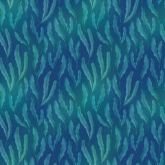 Seamless pattern with marine plants, leaves and seaweed. Hand drawn marine flora in watercolor style
