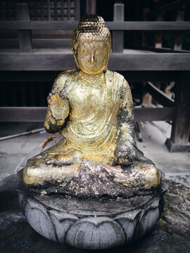 golden statue of a sitting buddha in a japanese zen temple in tokyo