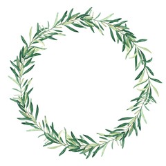 Watercolor olive wreath. Isolated on white background. Hand drawn botanical illustration. Can be used for cards, logos and food design.