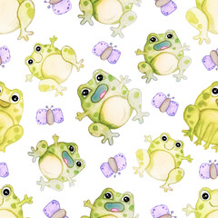 Obraz na płótnie Canvas Watercolor hand-drawn cute frogs with butterflies seamless pattern