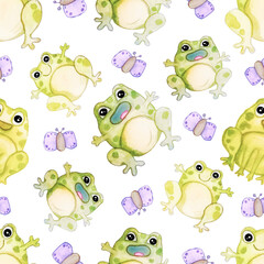 Fototapeta premium Watercolor hand-drawn cute frogs with butterflies seamless pattern