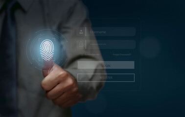 Man touching virtual screen to verify biometric identity by scanning fingerprints, double password protection concept for unlock password