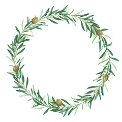 Watercolor olive tree wreath with green olives. Isolated on white background. Hand drawn botanical illustration. Can be used for cards, logos and food design.
