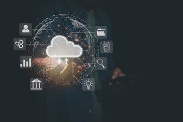 Businessman showing virtual cloud icon on hand, concept of big data access, global network connection, data search, use of computing resources to make transactions with internet technology online