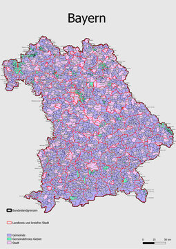 Karte Administrative Gliederung Bundesland Bayern Gemeinde, Gemeindefreies Gebiet Stadt