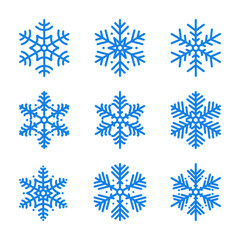 Fototapeta na wymiar Set of snowflakes. Vector illustration of winter in flat style. Blue snowflakes isolated on white background. Collection of icons in line style. New Year, Christmas
