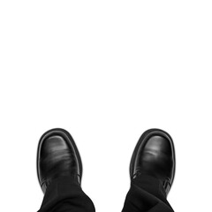 Businessman with black shoes and pants looking down at feet on floor, first person view, cutout with transparency