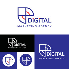 Digital Marketing Agency Vector Logo.Black and White.Modern Blue Color.Minimal Logo Design.