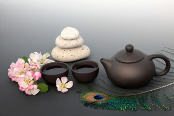 Japanese tea ceremony for inner peace with pebble stack, ceramic tea set, apple blossom flowers,...