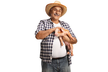 Mature farmer holding a piglet and smiling © Ljupco Smokovski