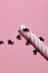 Halloween party concept. Spooky fun fake spiders and marshmallow stick on pink background